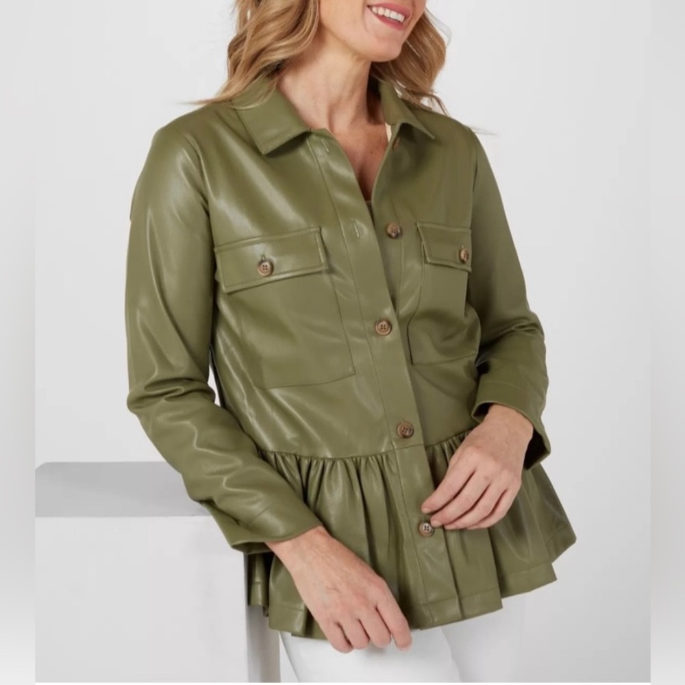 NWT Wynne Collection olive green faux leather peplum button up collared jacket